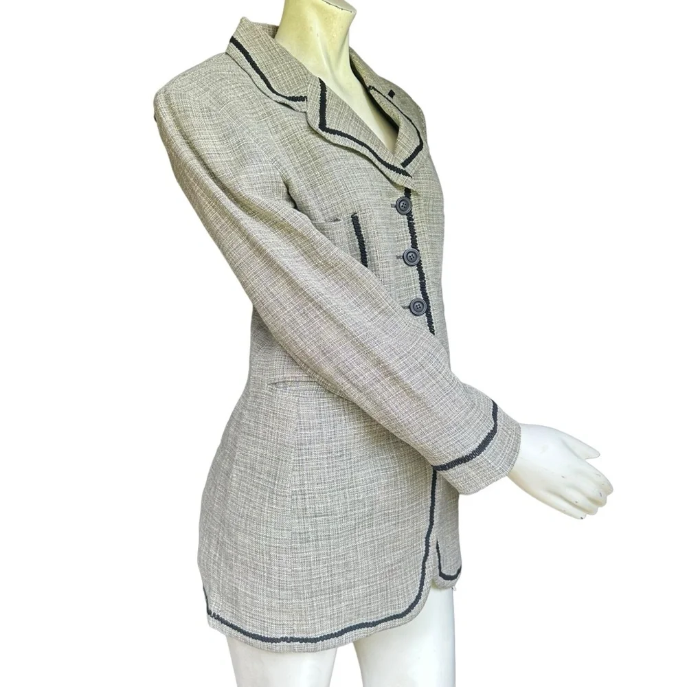 Vintage Byblos Made in Italy Linen Blend Black & Gray Fabric Trim Blazer IT 48